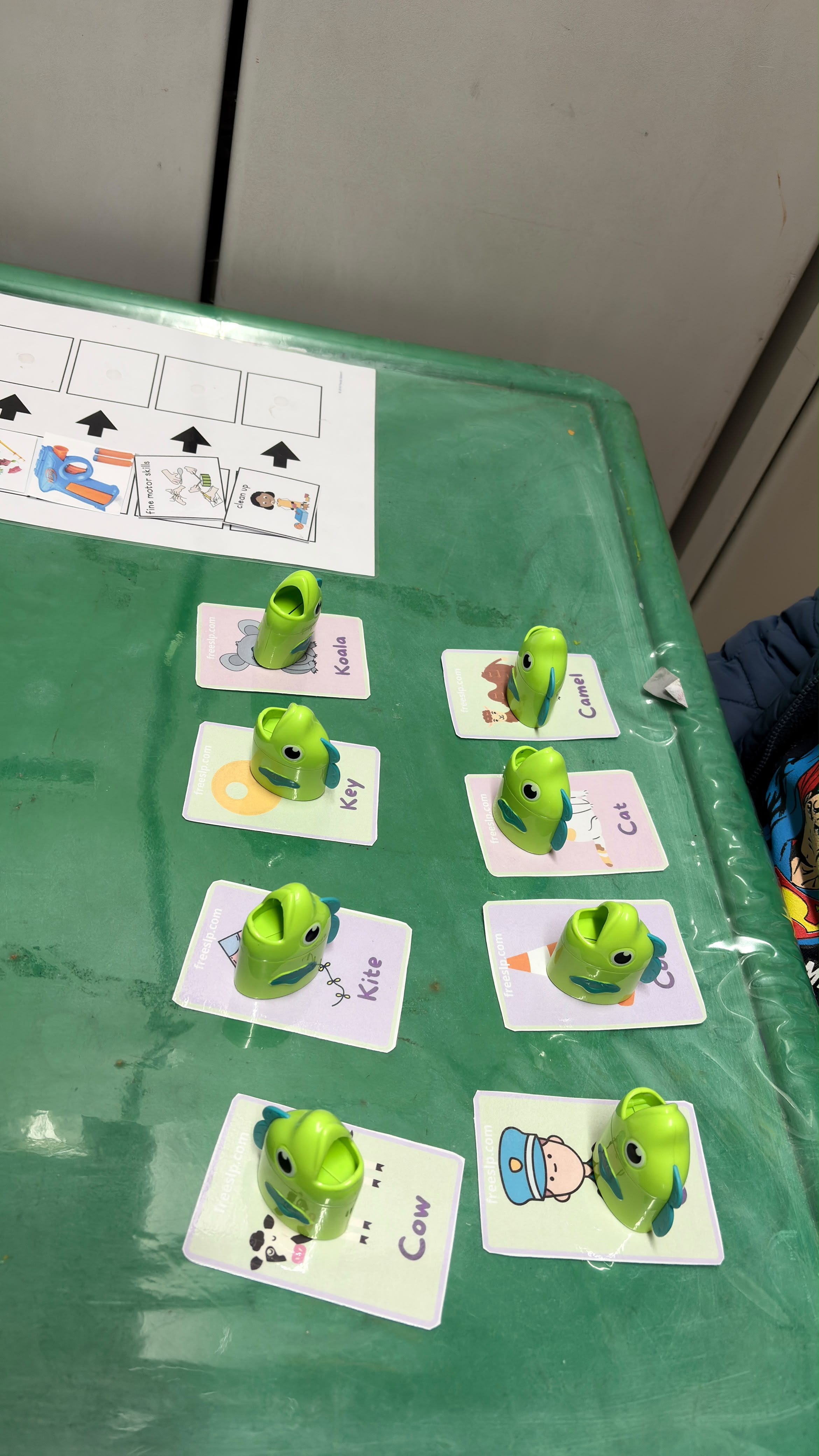 Speech sound flashcards and toys arranged for a therapy session